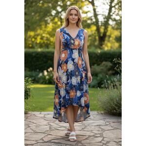 Ruby Rd Dress Sleeveless, V-Neck, Floral, Hi-Low Hem, Size PS